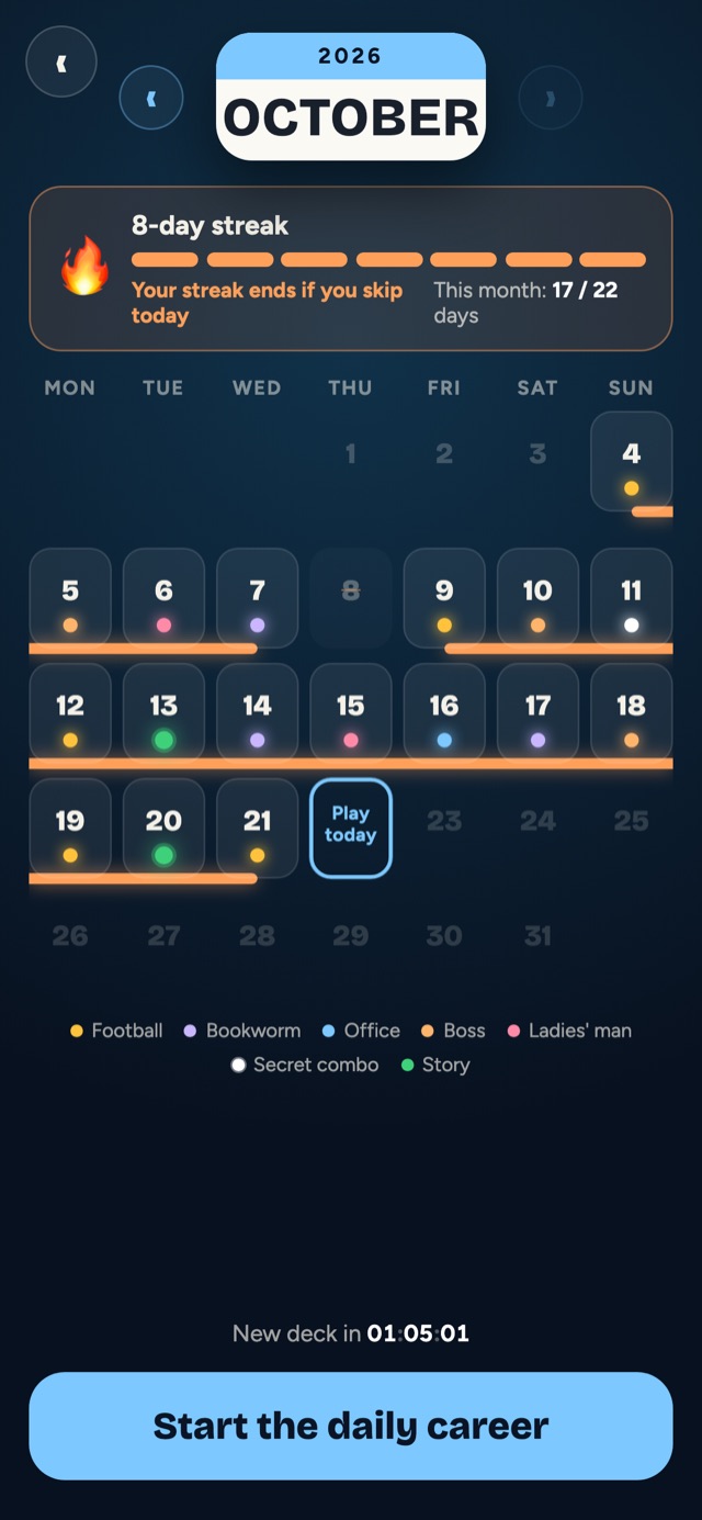 The daily career calendar: days played and your streak