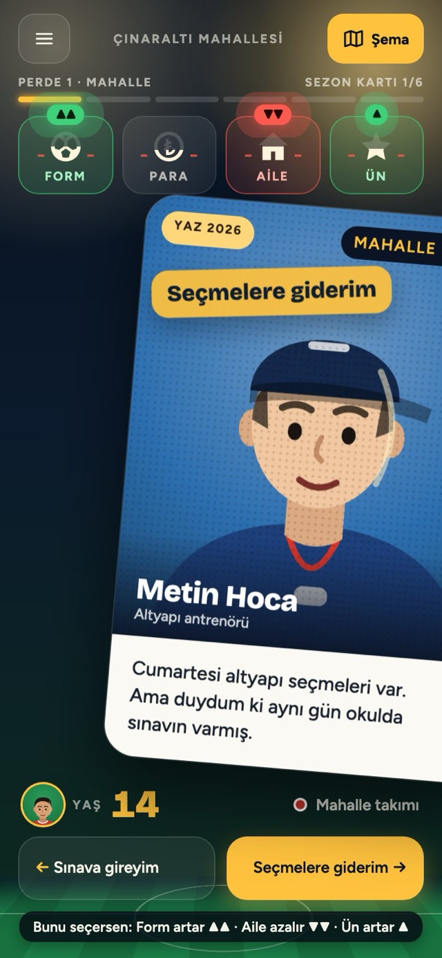 Oyun ekranı: Metin Hoca'nın kartı sağa kaydırılıyor, Seçmelere giderim